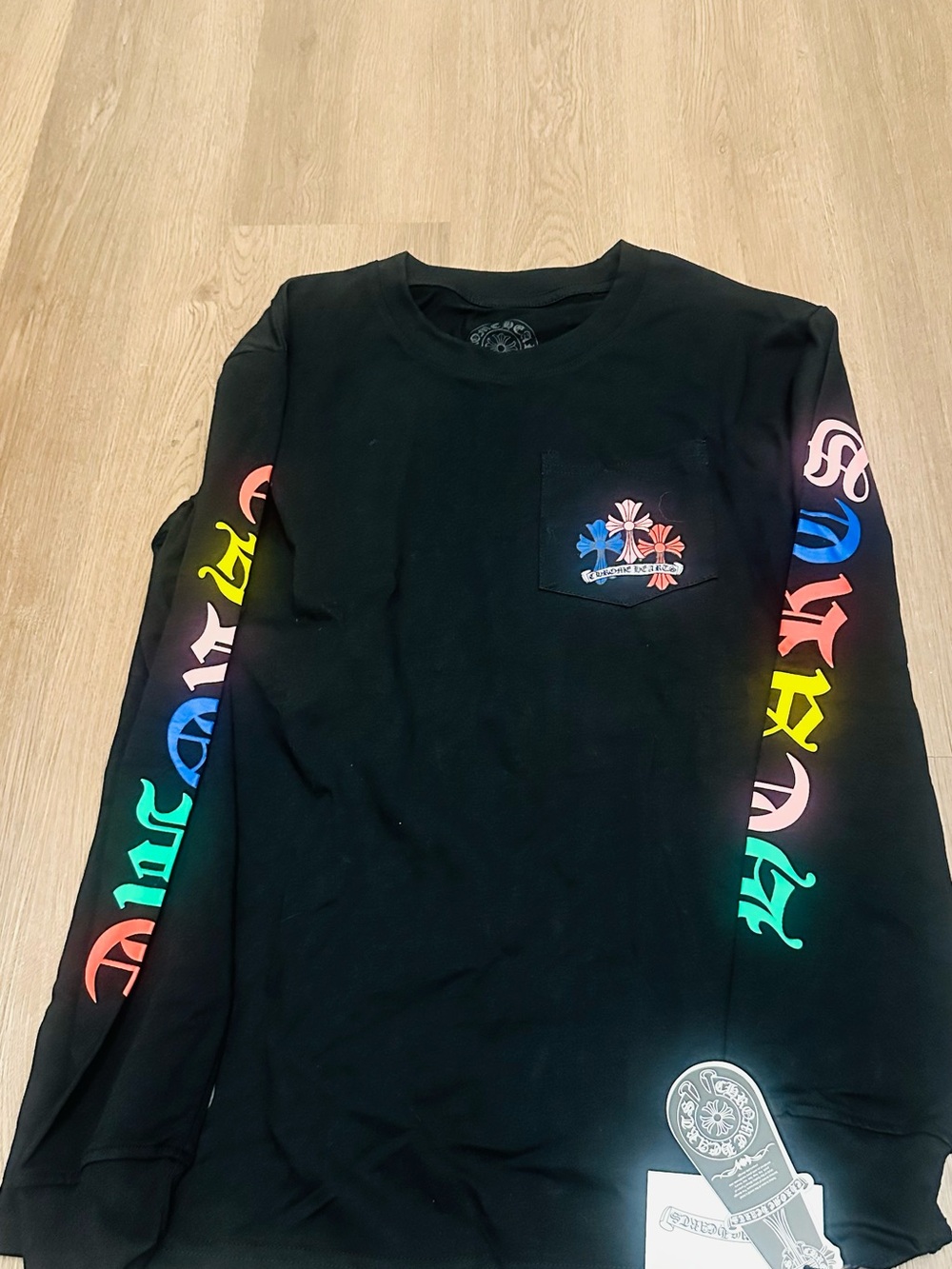 Chrome Hearts Black Long-Sleeve Tee with Rainbow Gothic Sleeve Print